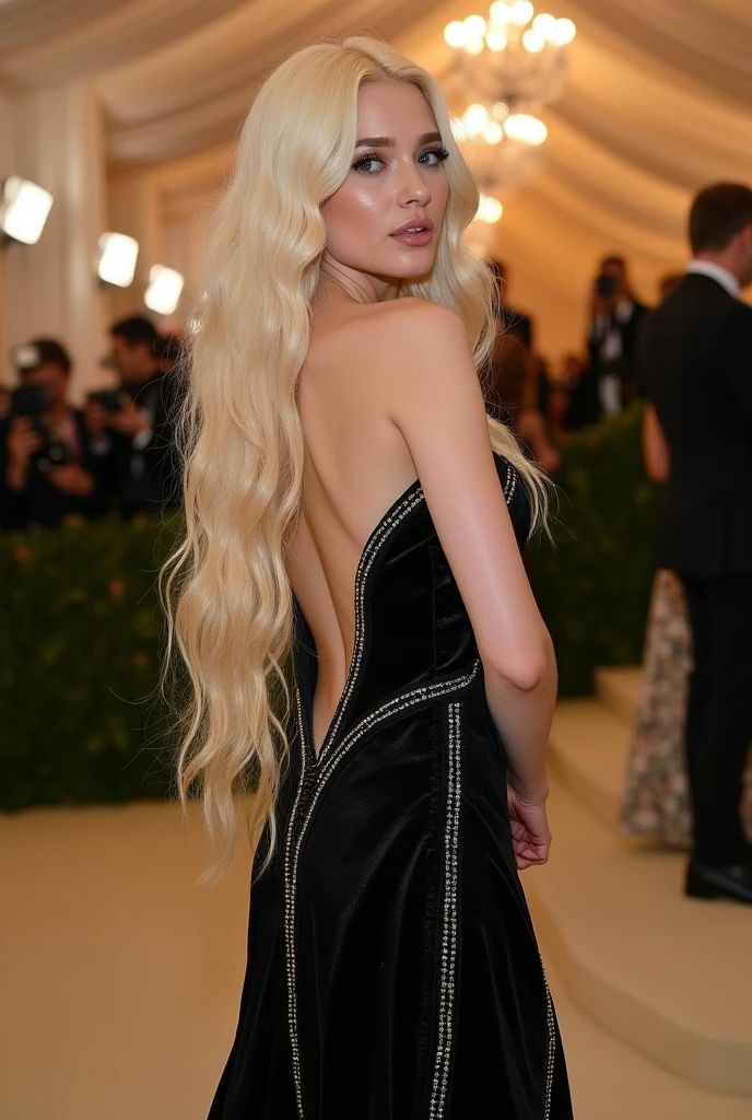 generate photo of a beautiful woman with aesthetic appearance (pale skin, long wavy platinum blonde yellowish hair). wearing a complex black chic dress modern sexy rounded style with silver embellishment (made by designer Vera Wang), posing in (Scenario: met gala), (angle: medium shot)