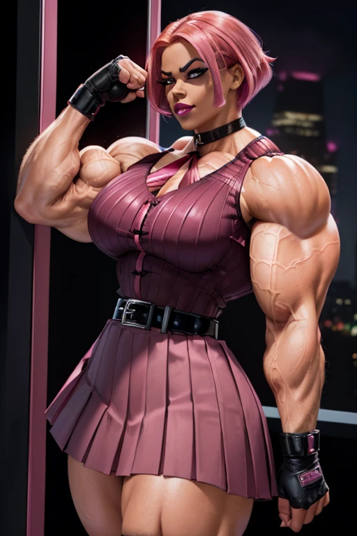 ((Close-up)), tall, (shocking pink hair) beautiful muscular woman, angled bob cut, brown skinned, closed smile, (black lipstick), (massive muscles), (hyper muscle), ((ginormous bulky muscles)), ((glowing red eyes)), (((sleeveless pink pleated shirt))), (((black long pleated skirt with belt))), (fingerless gloves), necktie, thigh highs, in a dark rooftop, 