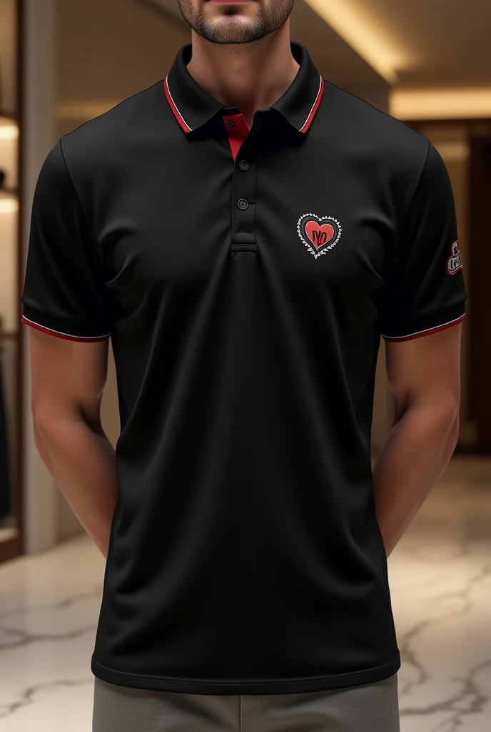 Design a polo shirt for a company called Villa Daniela in black with wine red luxuries