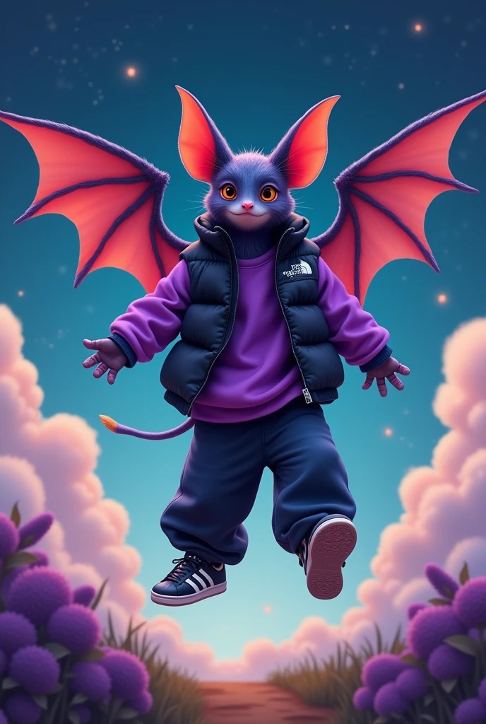 Bat with a purple shirt ,the north face black vest,wide-leg pants and black Adidas superstar shoes 