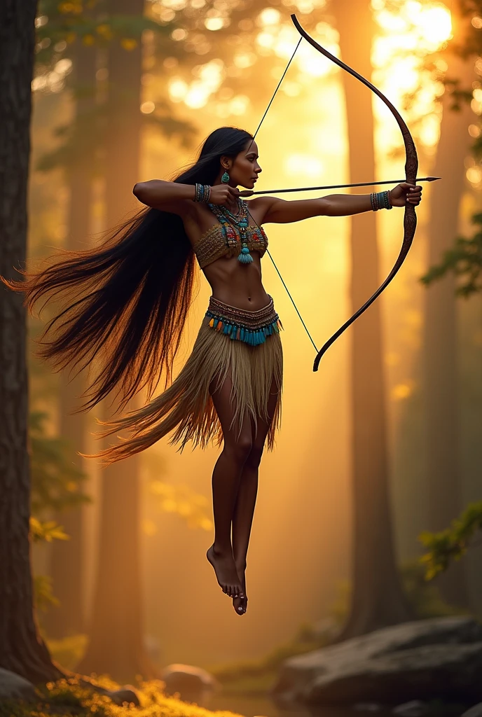 Pocahontas holding a bow and arrow while floating in the air.