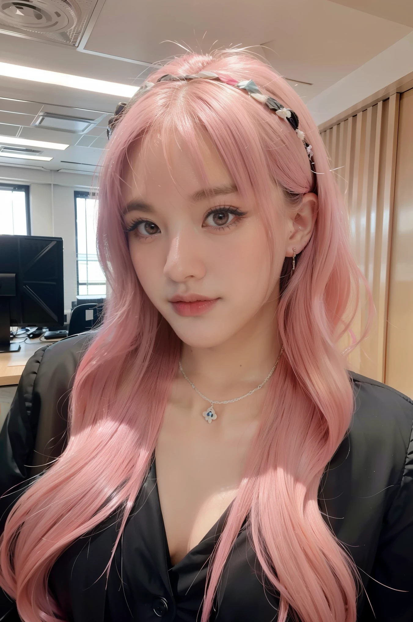 woMan with pink hair, black executive suit, looking forward, long hair, sweet look, blue eyes, pink eyeshadow, inside an office.