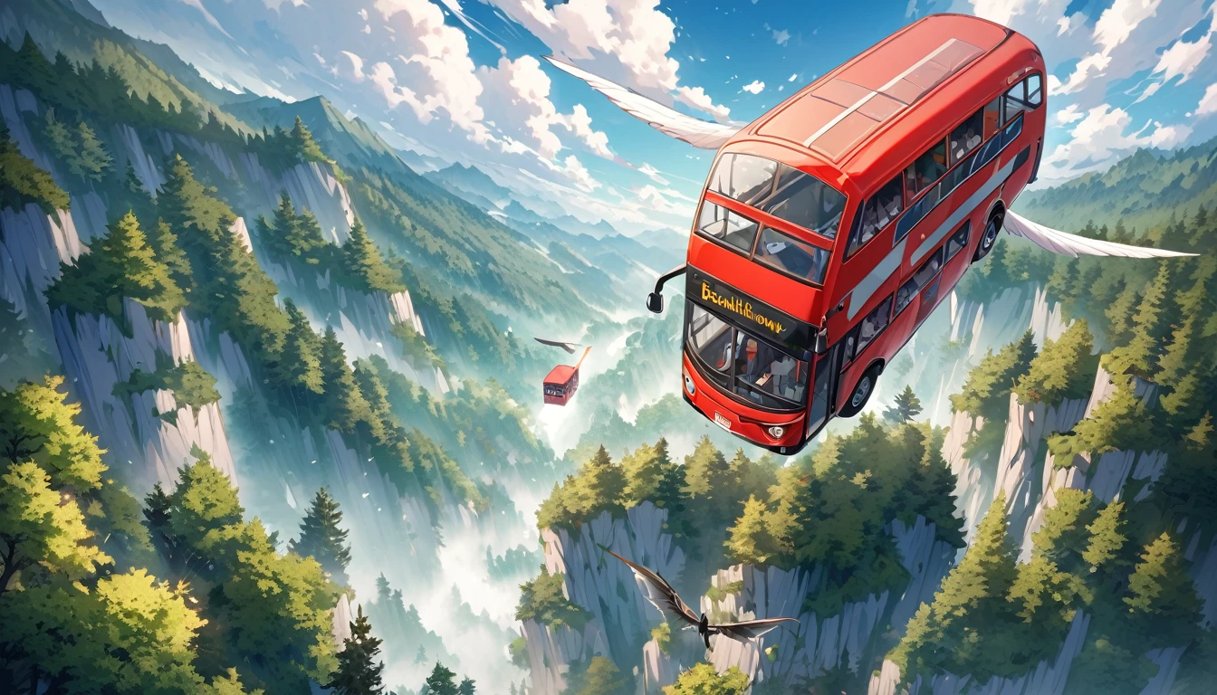 fantasy word, red bus flying in the sky, the beautiful forest below, beautful backround, top view, flying very high in the sky, bus has wings