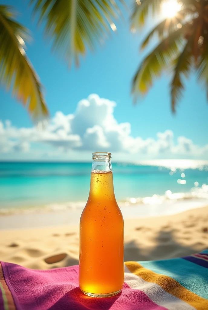make a beach with a bottle of kombucha in front