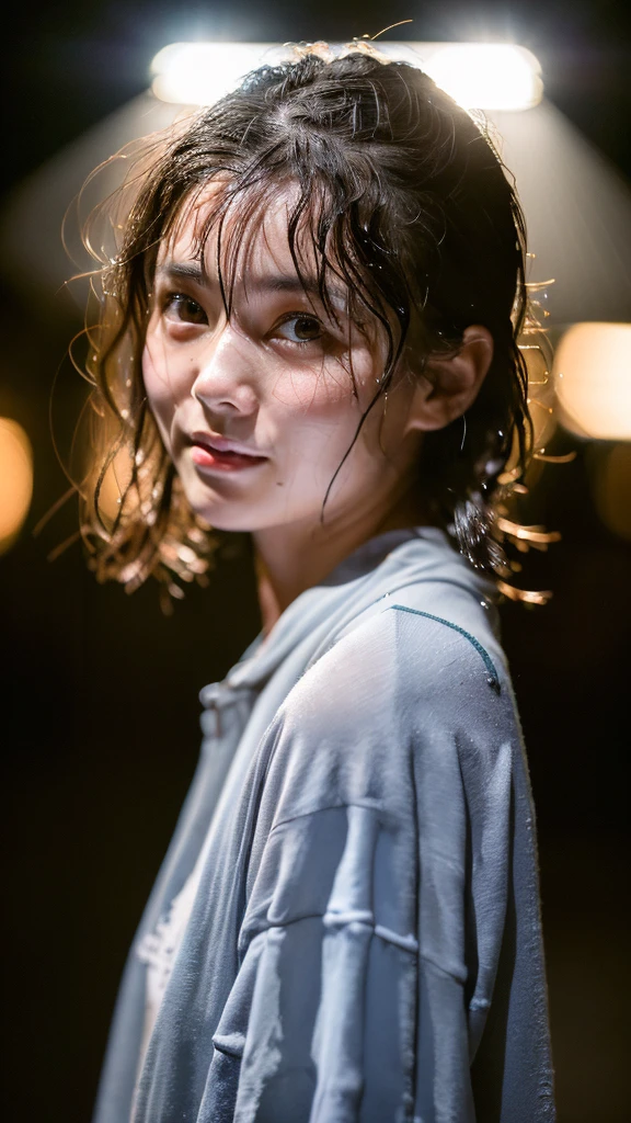 Wet roads , drenched,  Dripping,  Wet Face, Wet clothes,  Wet Skin,  Wet Hair, A young woman with a cute face like a Japanese idol, ((Cinema lighting), (Natural light), (High level of artistry), (Artistic), (Quality indistinguishable from real life), RAW Photos, Genuine, Genuine, High resolution, RAW Photos, masterpiece,  beautiful