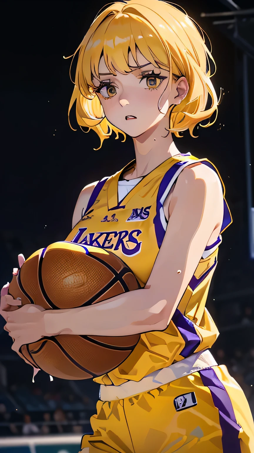 ((best quality)), ((masterpiece)), (detailed), perfect face, (best quality), (detailed skin:1.3), (intricate details), Female professional basketball player, NBA, ((dunk shot, bascketball)), under the goal, jumping, sweat pouring out, a scene during the game, Stussy, (Lakers yellow basketball uniform) , cowboy shot, blonde hair, medium hair,