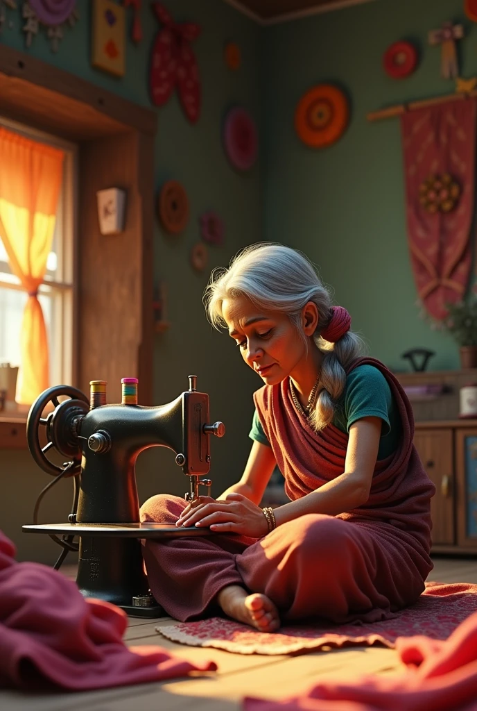 In cinematic 3d cartoon style " Ek 60 sal ki gareeb Aurat jisne fati hui sari pahan rakhi h vo silai machine se suit sil rahi h niche farsh pr baithi hui"