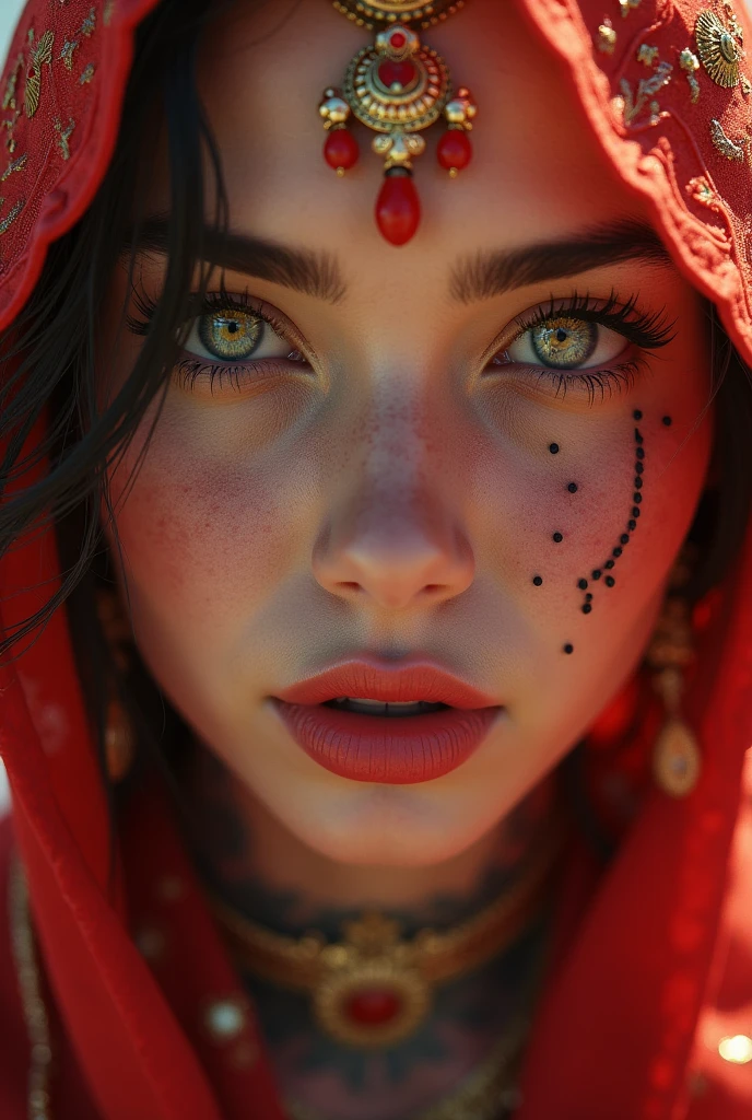 tanned lady white skin lady red red tattoos on face red yellow hairs mark facial jewelry PERFECT MASTERPIECE, EXTREMELY DETAILED CG UNITY 32K UHD QUALITY RESOLUTION WALLPAPER, PHOTOREALISTIC, RAW PHOTO, PERFECT PHOTOGENIC CLARITY, OFFICIAL ART, AWARD-WINNING PORTRAIT, ULTRA HYPER-REALISTIC, ULTRA HYPER-DETAILED, SHINY REALISTIC SKIN, RAY TRACING, UNREAL ENGINE 5.8K, GLOWING AMBIENT LIGHT cyberpunk, Arabian girl face portrait anime lips bite mouth tongue