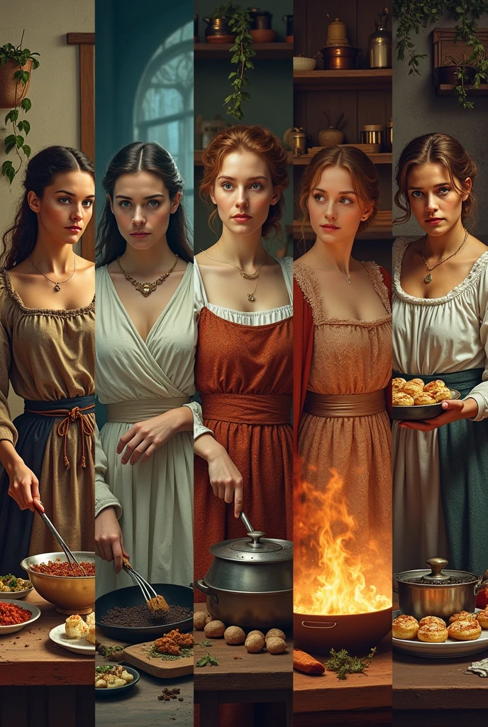 Several women cooking in different historical periods
