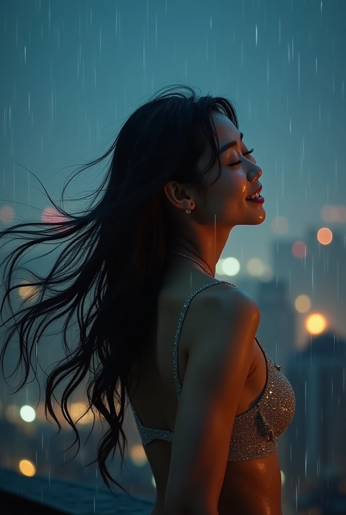 An Asian woman with a beautiful, sharp oval face and long, black hair, playing naked in the rain on a rooftop at night. The lights reflect off the shimmering raindrops. Her hair is soaked