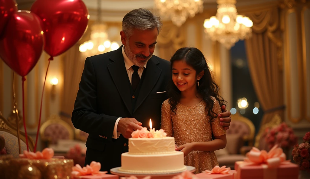 It is the birthday of the daughter of a very big businessman of India in his luxurious house, his daughter whose name is Shreya is very beautiful, she is wearing a golden frock and has a crown on her head, Shreya is cutting cakes with her father, her father is wearing a black colored 3 piece suit and her father is 50 years old, his hair is black and his beard is light brown
