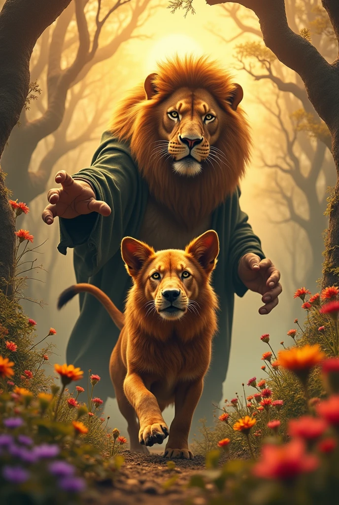 A dogs ears lion and man try to eat that dog