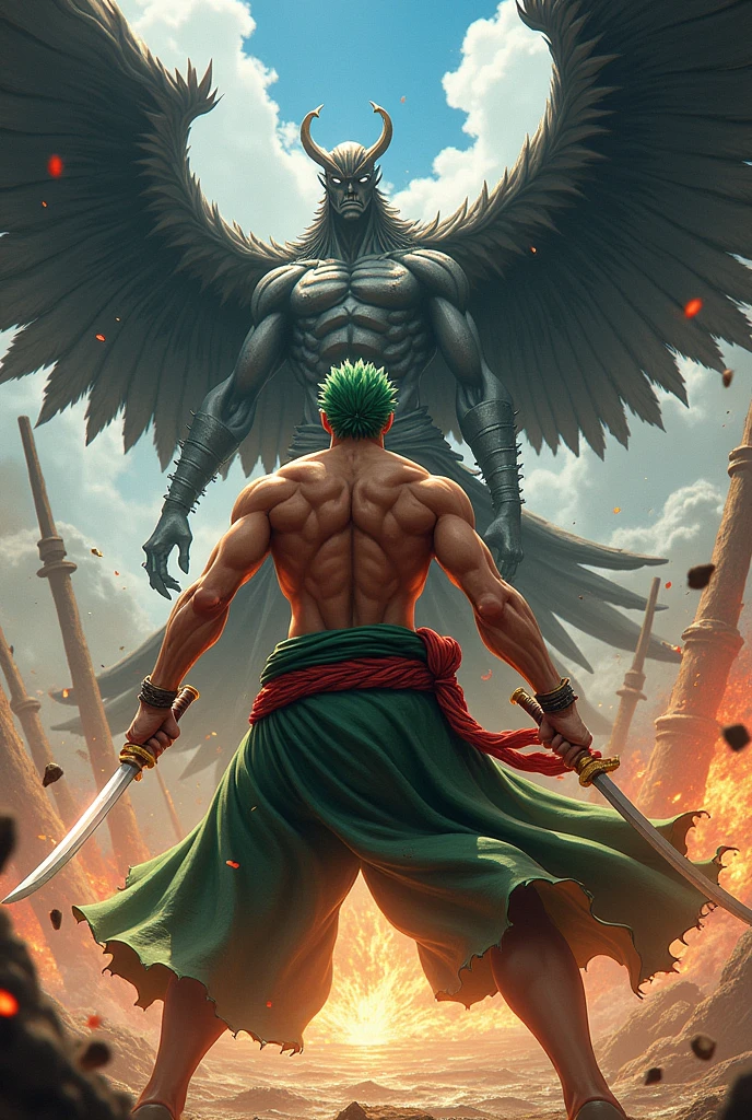 imagen de zoro en battle contra king (\(one piece\(manga\), 3 katanas, battle
