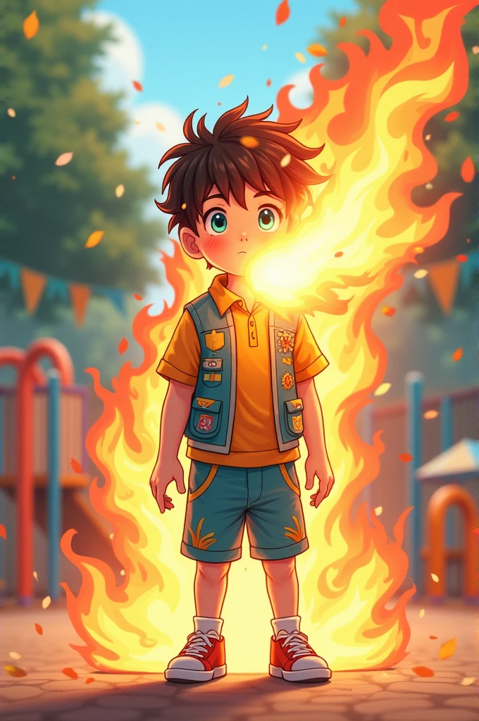 A , dark brown hair and turquoise eyes, wears preschool school uniform, but fire comes out dramatically from his mouth. anime style.