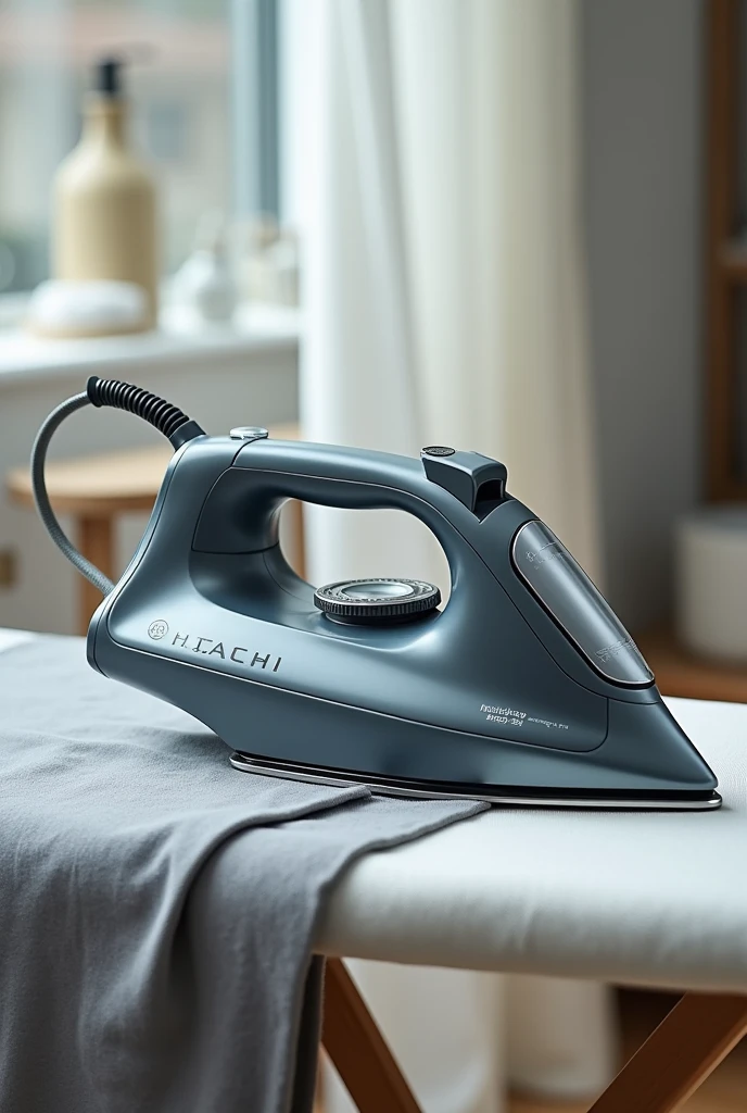 Modern iron in mirror grey with a writing that says HITACHI