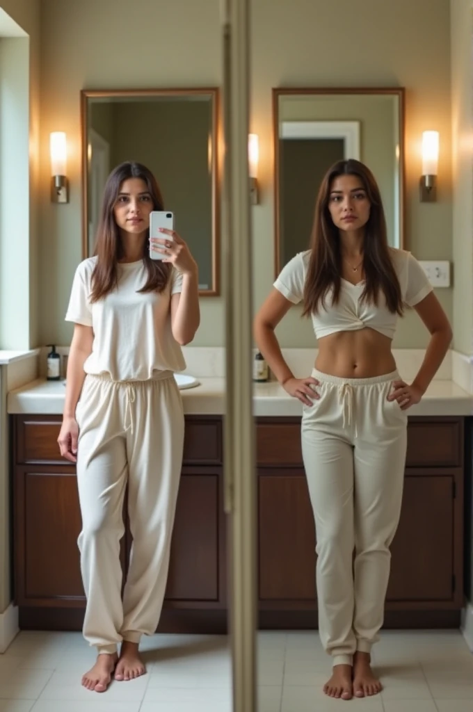 Create a hyper-realistic side-by-side image of a woman taking a selfie in front of a bathroom mirror. In the 'before' image on the left, show the woman slightly overweight, wearing casual bathroom attire, standing in a neutral bathroom setting with typical lighting. The woman should have a relaxed, natural pose, holding her phone up to take the selfie. In the 'after' image on the right, show the exact same scene, with the same pose, lighting, and background, but with the woman appearing more slender and toned. Her figure should be subtly stylized with a more defined waist and arms, while maintaining a natural and realistic look. Ensure that the 'before' and 'after' images are identical in every other aspect, except for the woman's more stylized appearance in the 'after' image, emphasizing the transformation as if it were an edited photo for Instagram.