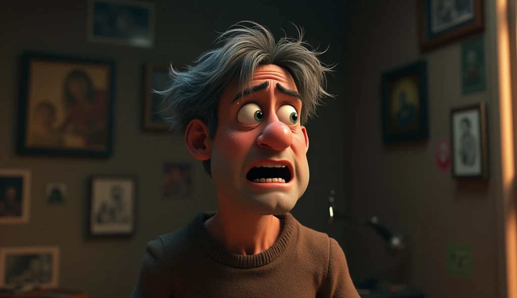 In 3d animation style:Man in tears, deeply remorseful, as he comprehends the weight of his past karma.