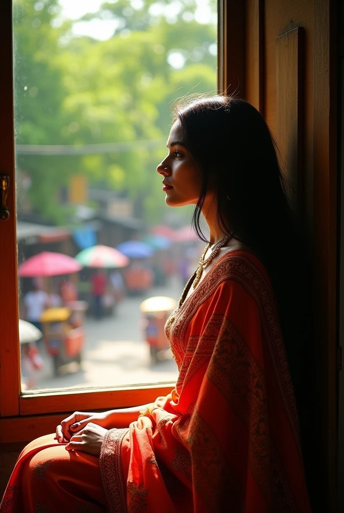 A Bangladeshi woman, wearing sharee, long hair,sitting beside a window, looking outside 