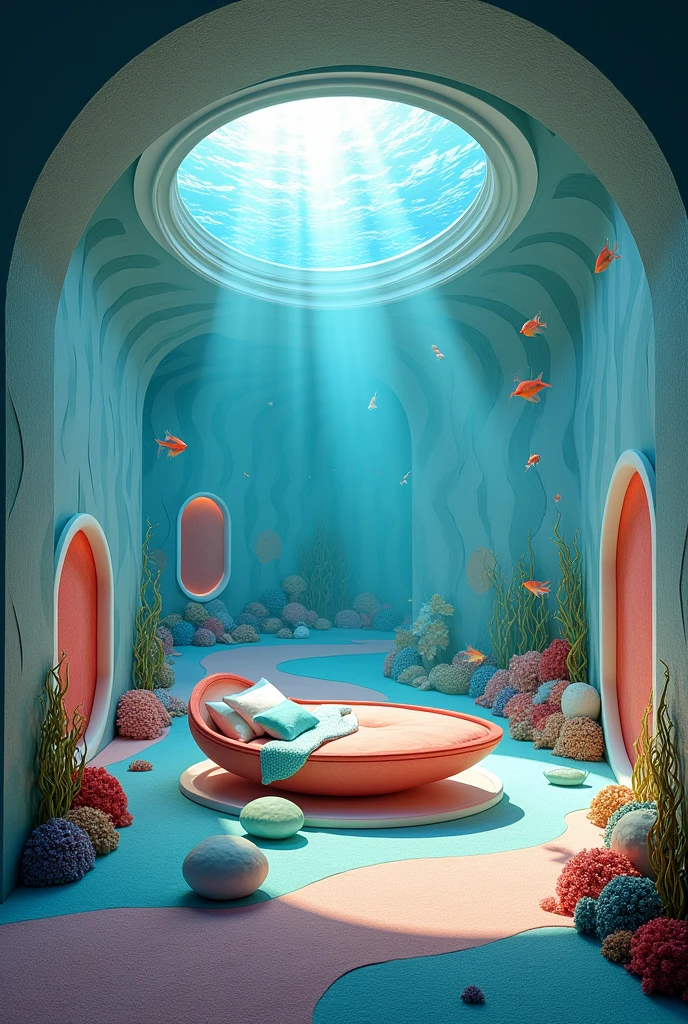 Bedroom in the shape of an architectural fish plan and section