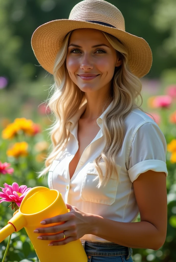 [full body shot] professional, (((huge tits))) ((cheerful woman, in a sunhat, watering colorful flowers in her garden)) (4k image:1.1), (Sharp Focus:1.3), Very detailed, wear (tight shirt:1.2), beautiful detailed face, sparkling eyes, long light hair, (attractive young woman:1.3), (seductive:1.1), (blushing:1.1), pear body shape, perfect hands, natural breasts, wide hips. --Sexy body --Prominent bare breasts --Detailing, full body, a lot of femininity, tempting, Dazzling, sensual pose, muse, --Unreal движок 5. [Without clothing]. 