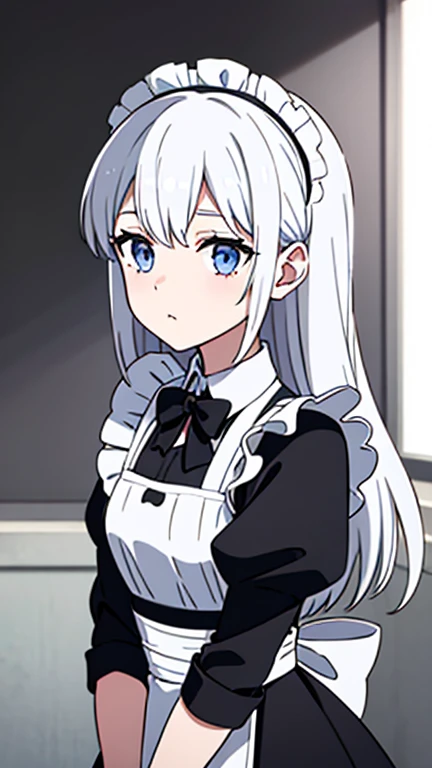 Woman, long white hair, dressed as a maid, 1 girl, one black and white outfit 