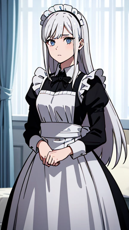 Woman, long white hair, dressed as a maid, 1 girl, one black and white outfit