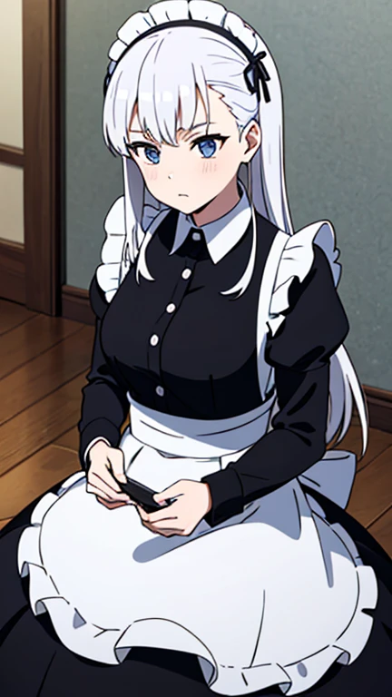 Woman, long white hair, dressed as a maid, 1 girl, one black and white outfit 