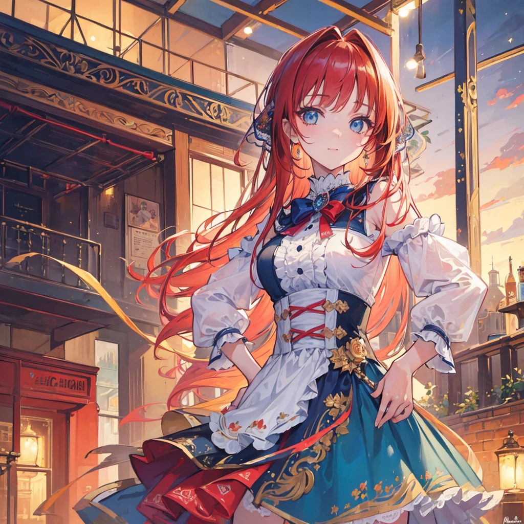 (masterpiece:1.4), (best quality:1.4), extremely detailed, intricate, hyper detailed, (PERFECT FACE), illustration,soft lighting, scenic, 1girl, happy, Vivid auburn hair, colorful, colorized, from_below ,fish_costume , stadium