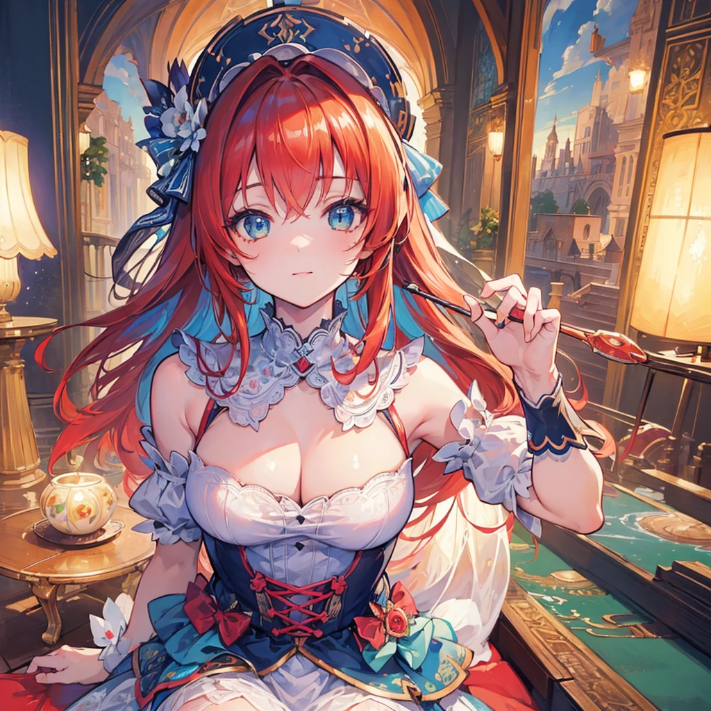 (masterpiece:1.4), (best quality:1.4), extremely detailed, intricate, hyper detailed, (PERFECT FACE), illustration,soft lighting, scenic, 1girl, happy, Vivid auburn hair, colorful, colorized, from_below ,fish_costume , stadium