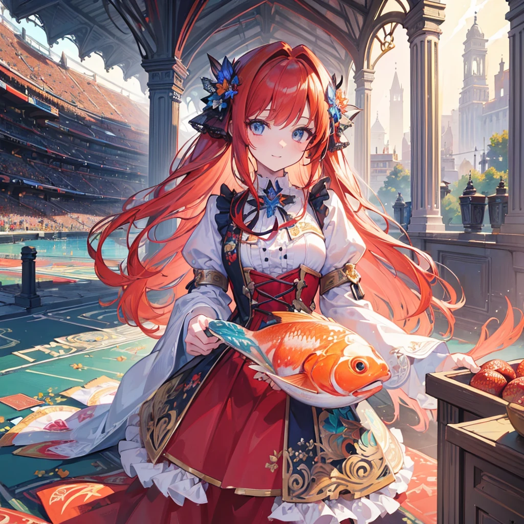 (masterpiece:1.4), (best quality:1.4), extremely detailed, intricate, hyper detailed, (PERFECT FACE), illustration,soft lighting, scenic, 1girl, happy, Vivid auburn hair, colorful, colorized, from_below ,fish_costume , stadium