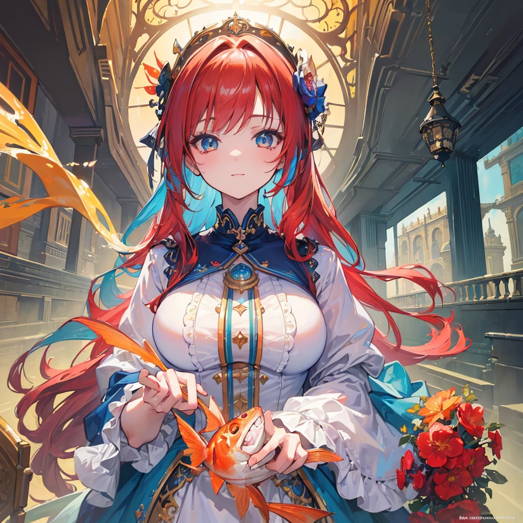 (masterpiece:1.4), (best quality:1.4), extremely detailed, intricate, hyper detailed, (PERFECT FACE), illustration,soft lighting, scenic, 1girl, happy, Vivid auburn hair, colorful, colorized, from_below ,fish_costume , stadium