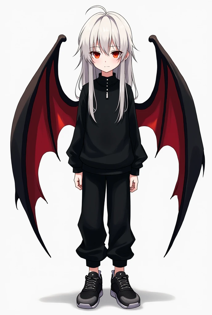 Kizuro is a young boy with a thin and slender body., 1,75 tall, Eyes red, pale skin, long white hair that reaches more than halfway down her back, with strands on each side of the head, with a fringe that covers one of his eyes, more precisely, the left eye. He wears a black long-sleeved, collared shirt., black sweatshirt on top, slightly loose black pants that go all the way down, but they don&#39;t go beyond black sneakers with dark gray soles. Kizuro has black bat wings with red interior on the back and an extremely feminine face..