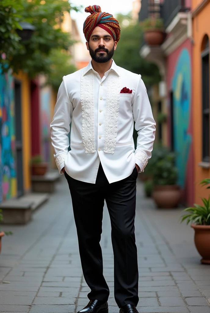 Create a man dressed in a white guayabera shirt and black pants , and that he has a turban on his head and that his shoes are black , and that it is seen in full body.