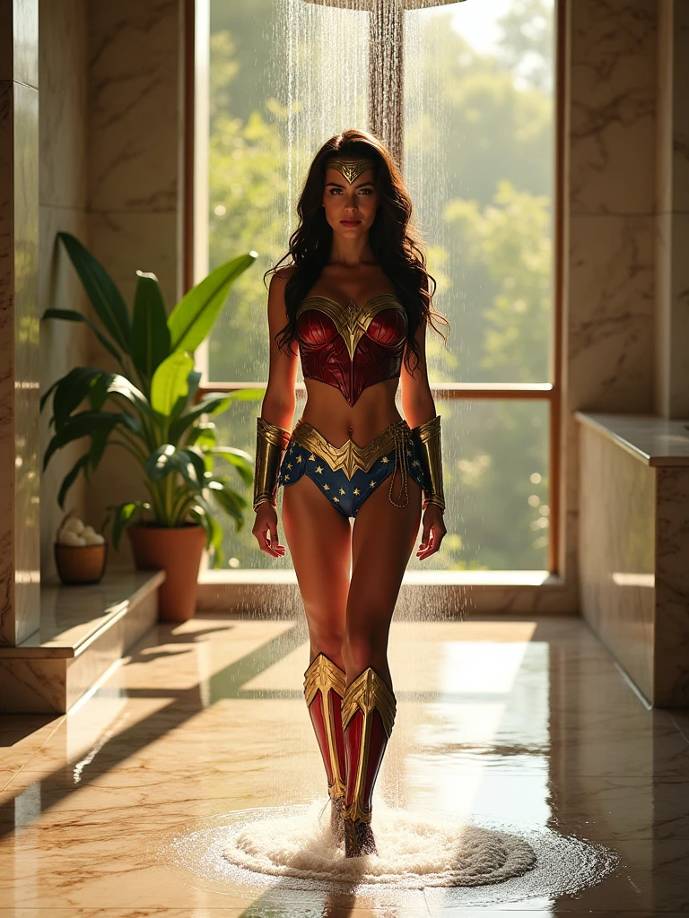 Wide shot of Full body a beautiful Wonder woman, Gal gadot, in white bikini at showering in the bathroom, beautiful legs, 4k