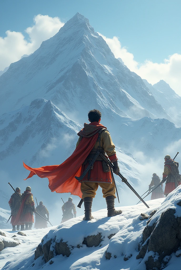 Sardaar boy at top of snowy mountain with large amount of men having guns with them and challenging the world with swords