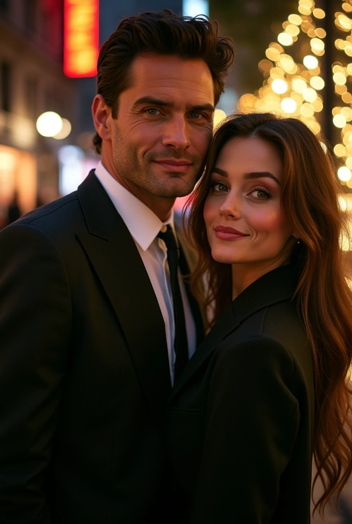 Chuck bass in a suit with a girl. She has big green eyes, full lips, perfect cheekbones, thick eyebrows, small nose, beautiful teeth, and a classy outfit