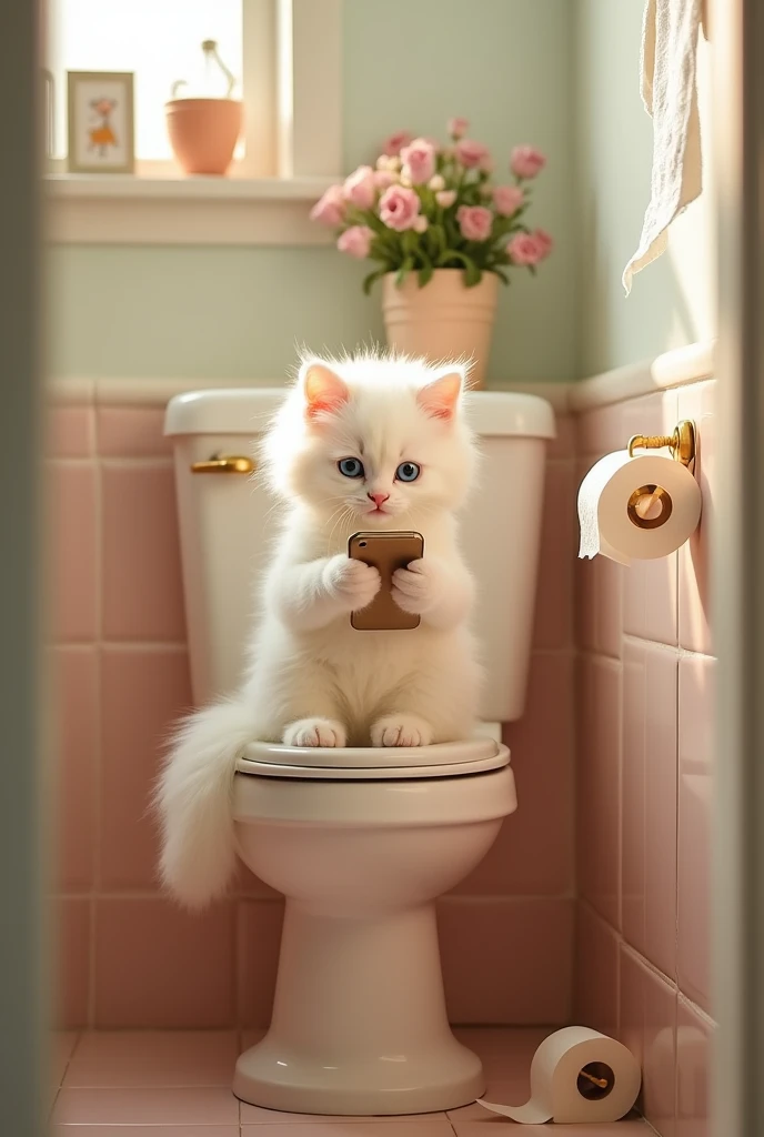 The scene opens in a small, cozy bathroom with soft, pastel-colored tiles. A fluffy white kitten is sitting on the toilet seat, comfortably leaning back. The kitten is holding a shiny smartphone with its tiny paws, browsing or playing a game, with a cute, focused expression on its face. The bathroom is filled with warm lighting, and there’s a roll of toilet paper hanging nearby, with some scattered on the floor.