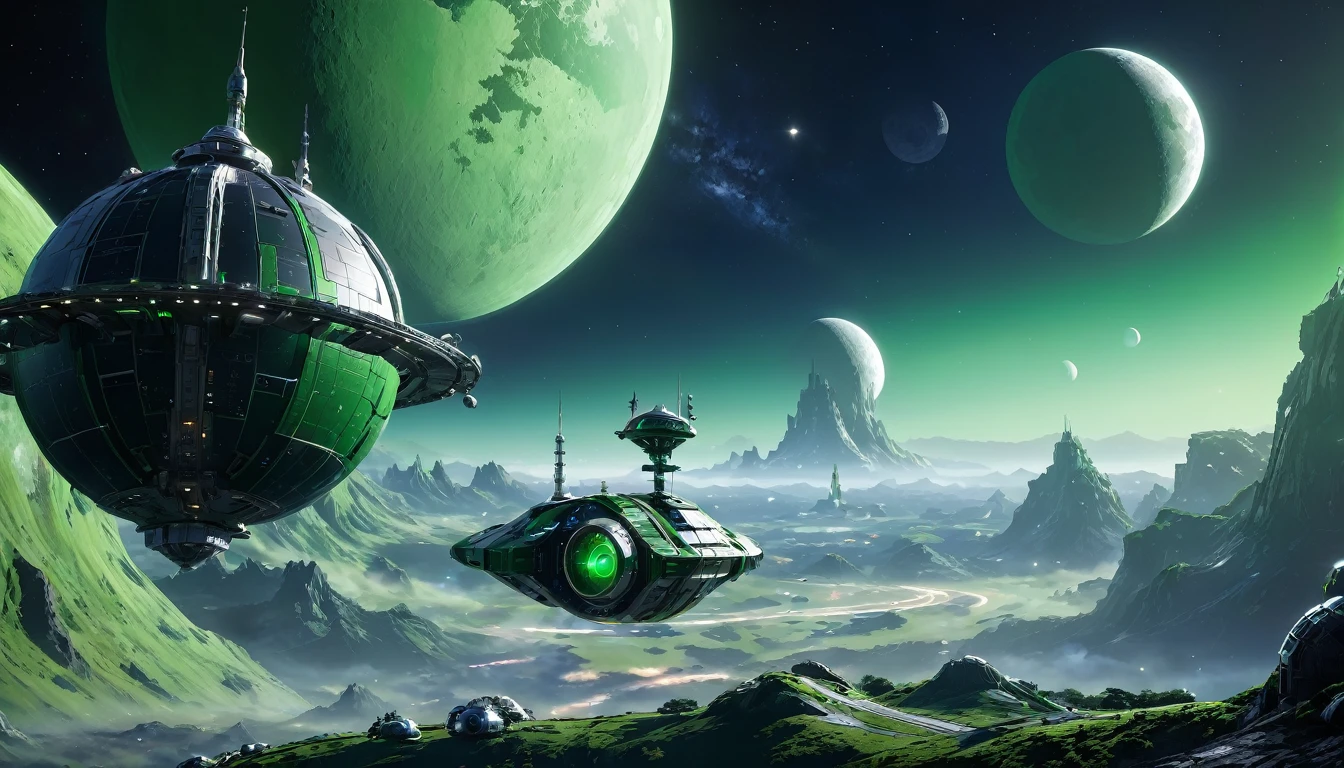 hemispherical spacecraft, orbiting a green planet, a moon in the background