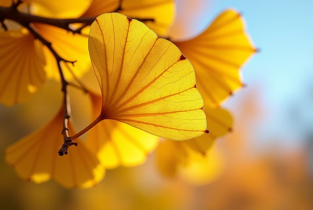 Hd photography, from green to yellow ginkgo leaves, reflecting the change of weather to autumn, low Angle composition, aperture, --ar 2:3 --v 6.1