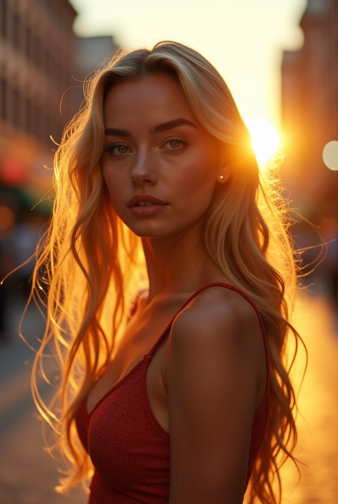 Professional upper-body photo of a young 19 year old woman with long, blonde, wavy hair,
stunning female anatomy, big breats, natural cosmetics, wearing sexy top, downtown,
with rays of sunlight, deep sunset, and film grain, shot on Sony's A7R IV