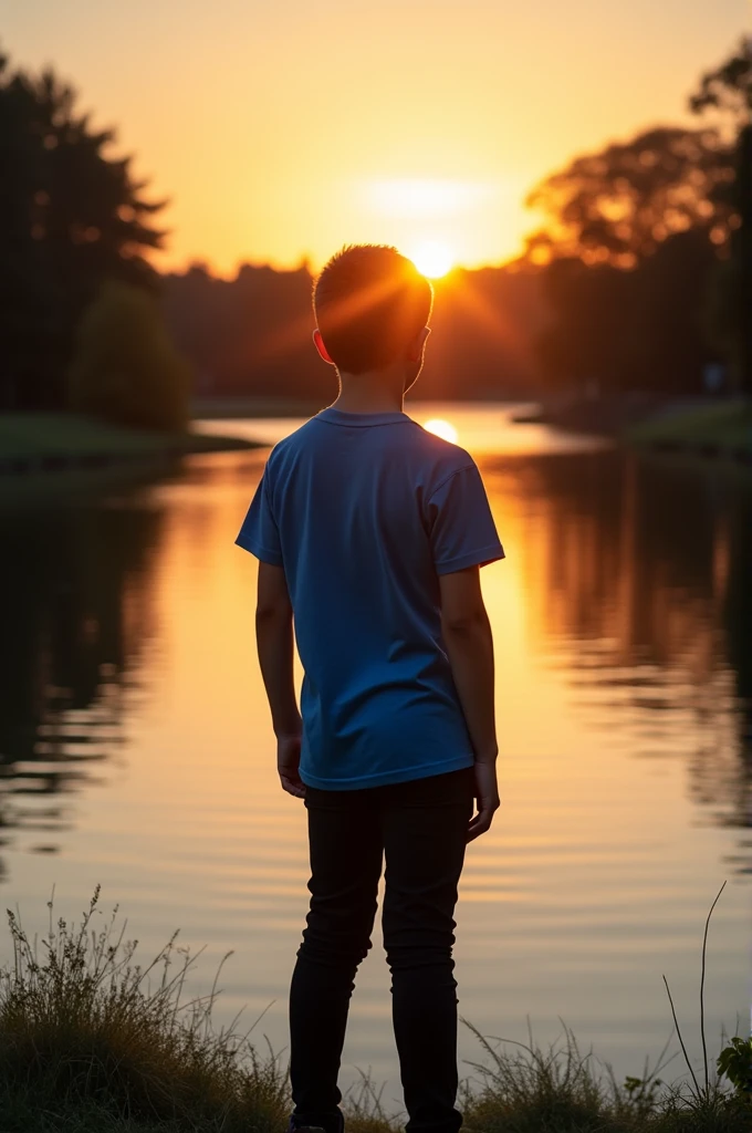 Genrate a boy 13 who is a bit healthy and has a great physique he is standing a lake side with is face and body turned on towards the lake the surroundings are trees sunset shining at the water he had his shirt on which is blue black pants face is not visible most is surroundings are looking black