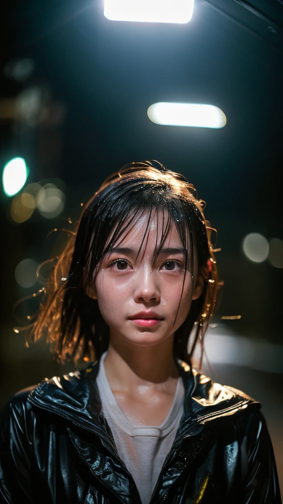 Wet roads , drenched, Dripping, Wet Face, Wet clothes, Wet Skin, Wet Hair, A young woman with a cute face like a Japanese idol, ((Cinema lighting), (Natural light), (High level of artistry), (Artistic), RAW Photos, High resolution, masterpiece,