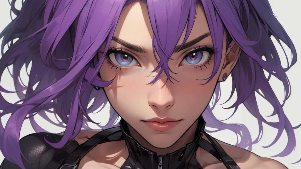 (High definition, 4K),1 girl,realisitic,breasts big,facing at viewer,blank gray background,half closed, big purple hair