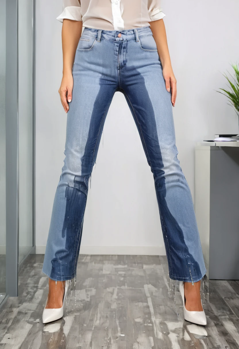 attractive blonde woman wearing flared leg jeans, high heel pumps, white blouse, standing in an office, wetting, big smile, pee stains are gleaming wet