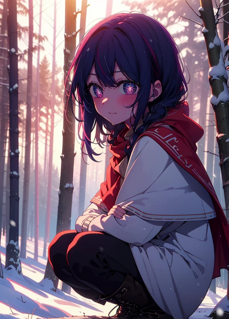 aihoshino, Ai Hoshino, Long Hair, bangs, (Purple eyes:1.1), Purple Hair, (Symbol-shaped pupil:1.5), smile,,smile,blush,white breath,
Open your mouth,snow,Ground bonfire, Outdoor, boots, snowing, From the side, wood, suitcase, Cape, Blurred, , forest, White handbag, nature,  Squat, Mouth closed, Cape, winter, Written boundary depth, Black shoes, red Cape break looking at viewer, Upper Body, whole body, break Outdoor, forest, nature, break (masterpiece:1.2), Highest quality, High resolution, unity 8k wallpaper, (shape:0.8), (Beautiful and beautiful eyes:1.6), Highly detailed face, Perfect lighting, Extremely detailed CG, (Perfect hands, Perfect Anatomy),