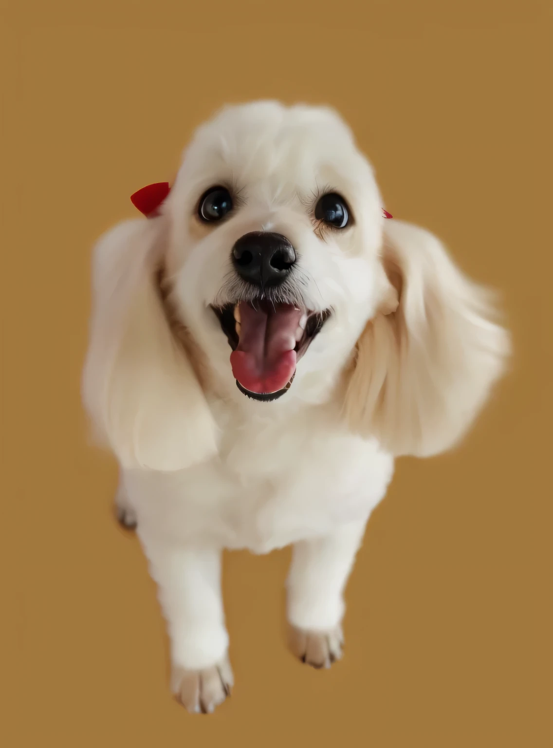 a very cute furry dog, hairs drawn like cartoon, perfectly drawn eyes, eyes like a cartoon drawing, beautiful eyes, perfect eyes, she is very happy, she is smiling, the image is very detailed