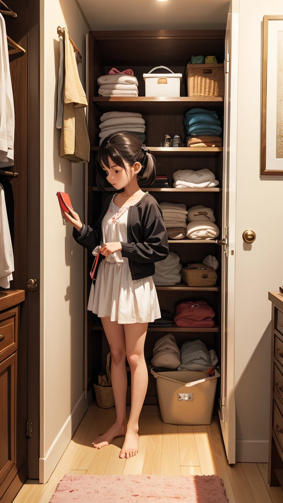 girl standing next to the wardrobe, It looks like she is choosing something to wear., All around the room were her changed clothes., quần áo khắp ở sàn, chair, bed