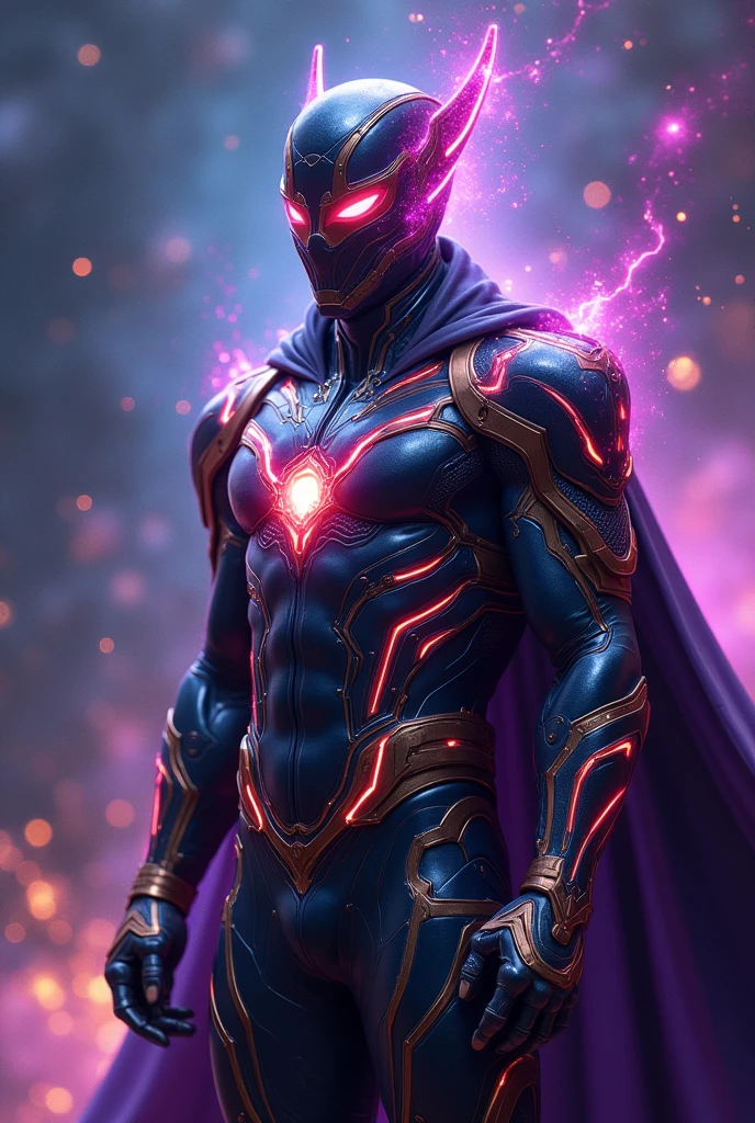 "Create an image of a powerful superhero character designed for an NFT. The superhero should possess unique abilities, such as soul transport, along with a wide array of other superpowers that make them a formidable force. The character should be visually striking, with a strong, confident stance. The suit should be sleek, modern, and beautifully detailed, incorporating advanced technology and mystical elements that hint at their incredible powers. The suit should feature glowing accents, possibly in a rich, otherworldly color palette like deep purples, golds, and blues. The character’s face should exude wisdom and determination, with a unique mask or helmet that enhances their mystique. The background should be a dynamic, cosmic scene that reflects the vastness of their abilities, with swirling energy and stars, adding a sense of epic scale and power."