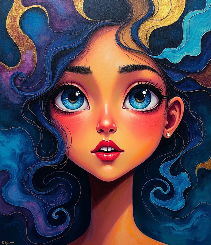 (Nayan:1.4), (abstract art:1.2), (expressing deep emotions:1.2), (vivid colors blending seamlessly:1.2), (bold strokes and fluid lines:1.2), (representation of eyes:1.4), (each eye reflecting a different emotion:1.2), (textures conveying sadness, joy, love, and longing:1.2), (subtle yet powerful visual cues:1.2), (shadows and highlights creating depth:1.2), (contrast between light and dark:1.2), (the feeling of being watched or observed:1.2), (mysterious and enigmatic aura:1.2), (a sense of introspection and self-discovery:1.2), (ethereal and dreamlike quality:1.2), (flowing, organic shapes:1.2), (blues, purples, and golds dominating the palette:1.2), (inviting the viewer to explore their own emotions through the abstract forms:1.2)