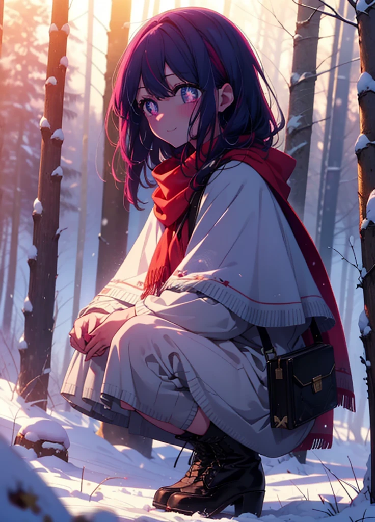 aihoshino, Ai Hoshino, Long Hair, bangs, (Purple eyes:1.1), Purple Hair, (Symbol-shaped pupil:1.5), smile,,smile,blush,white breath,
Open your mouth,snow,Ground bonfire, Outdoor, boots, snowing, From the side, wood, suitcase, Cape, Blurred, , forest, White handbag, nature,  Squat, Mouth closed, Cape, winter, Written boundary depth, Black shoes, red Cape break looking at viewer, Upper Body, whole body, break Outdoor, forest, nature, break (masterpiece:1.2), Highest quality, High resolution, unity 8k wallpaper, (shape:0.8), (Beautiful and beautiful eyes:1.6), Highly detailed face, Perfect lighting, Extremely detailed CG, (Perfect hands, Perfect Anatomy),